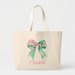 Preppy Pink and Turquoise Floral Bows Personalized Large Tote Bag