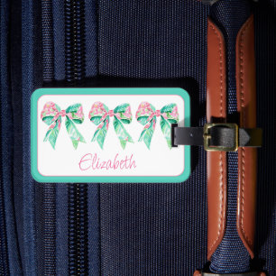 Preppy Pink and Turquoise Floral Bows Personalized Luggage Tag