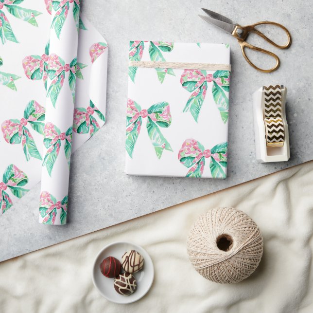 Preppy Pink and Turquoise Floral Bows Wrapping Paper (Crafts)