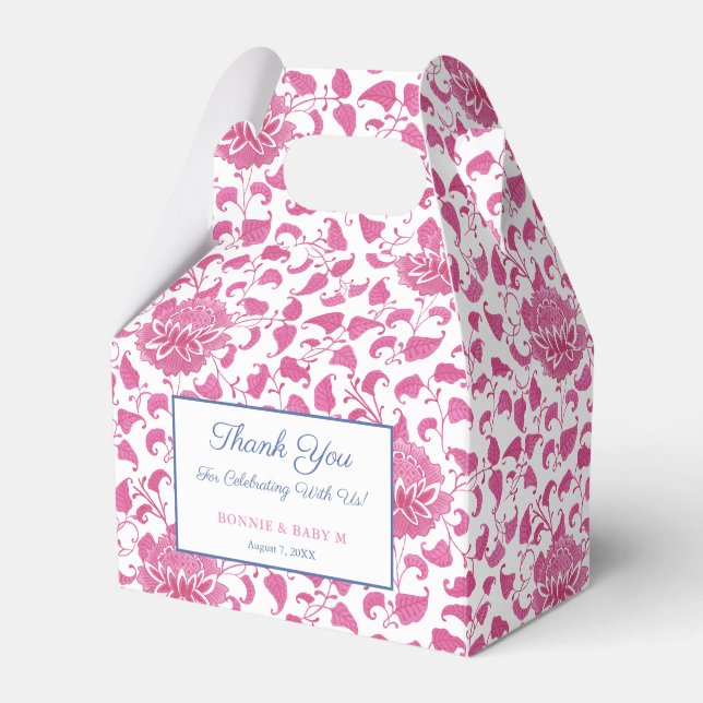 Preppy Pink And White Chinoiserie Baby Girl Shower Favor Box (Front Side)