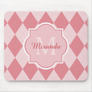 Preppy Pink Argyle Girly Monogram Office Name Mouse Pad