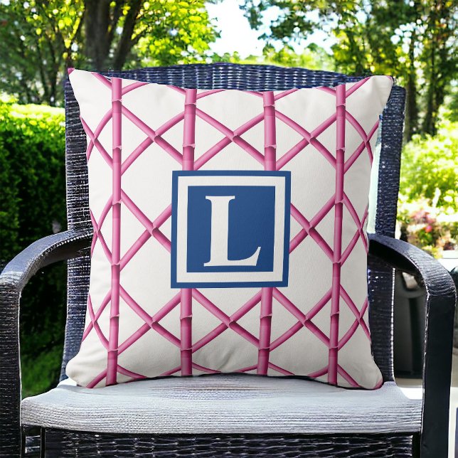 Preppy Pink Bamboo Trellis Monogram Throw Pillow (Creator Uploaded)