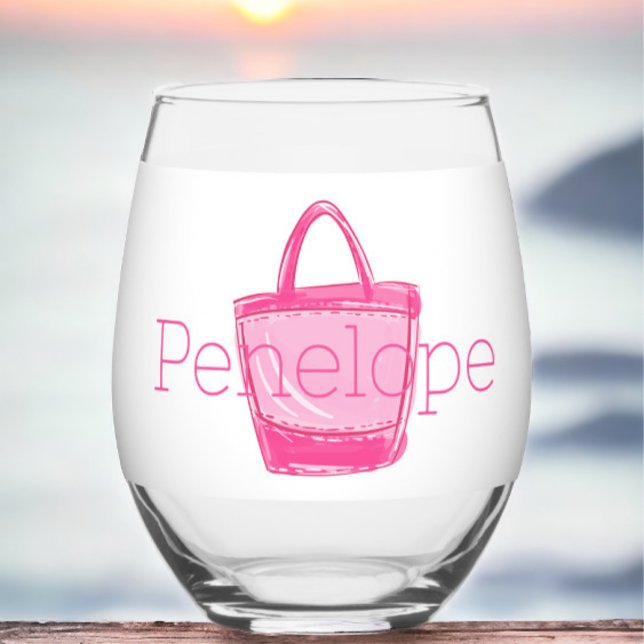 Preppy Pink Beach Bag Personalized Stemless Wine Glass (Creator Uploaded)