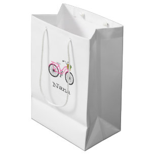 Preppy Pink Bicycle NAME Flower Basket Summer Fun Medium Gift Bag