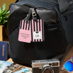 Preppy Pink Black Stripes Bow Monogrammed Luggage Tag