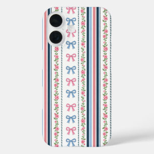 Preppy Pink Blue Coquette Bows Florals Striped iPhone 16 Case
