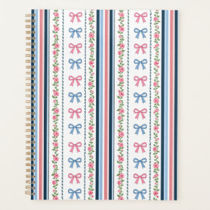 Preppy Pink Blue Coquette Bows Florals Stripes Planner