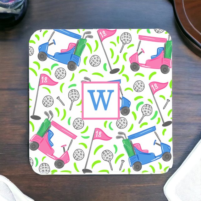 Preppy Pink & Blue Golf Cart Monogram Golfer Coaster (Creator Uploaded)