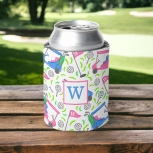 Preppy Pink & Blue Golf Cart Monogram/ Golfer Gift Can Cooler