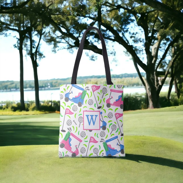 Preppy Pink & Blue Golf Cart Pattern Monogram Tote Bag (Creator Uploaded)