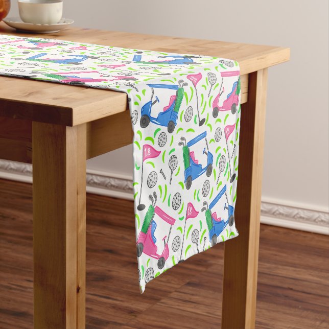 Preppy Pink Blue Golf Cart Pattern Short Table Runner (In Situ)