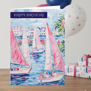 Preppy Pink Blue Tropical Sailboats Happy Birthday Card