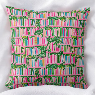 Preppy Pink Bookcase Tropical Leaves Book Lover  Throw Pillow