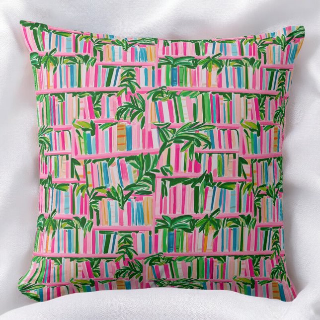 Preppy Pink Bookcase Tropical  Throw Pillow (Creator Uploaded)