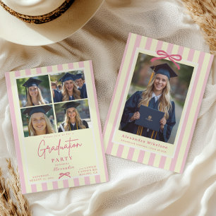 Preppy Pink Bow 5 Photo Graduation Party Invitation