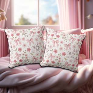 Preppy Pink Bow and Flowers Throw Pillow