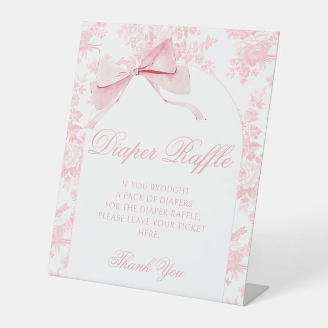 Preppy Pink Bow Baby Girl Shower Diaper Raffle Pedestal Sign (Front)