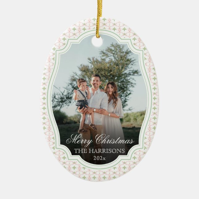 Preppy Pink Bow Christmas Nutcracker 2 Photos  Ceramic Ornament (Front)