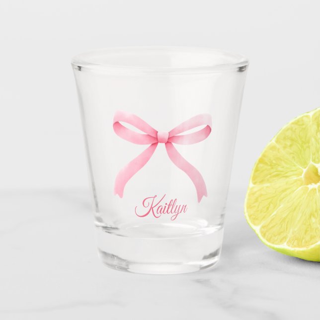 Preppy Pink Bow Custom Name Bachelorette Favour Shot Glass (Front)