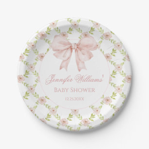 Preppy Pink Bow Floral Spring Baby Girl Shower Paper Plate