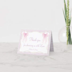 Preppy pink bow gingham grandmillenial baby shower thank you card