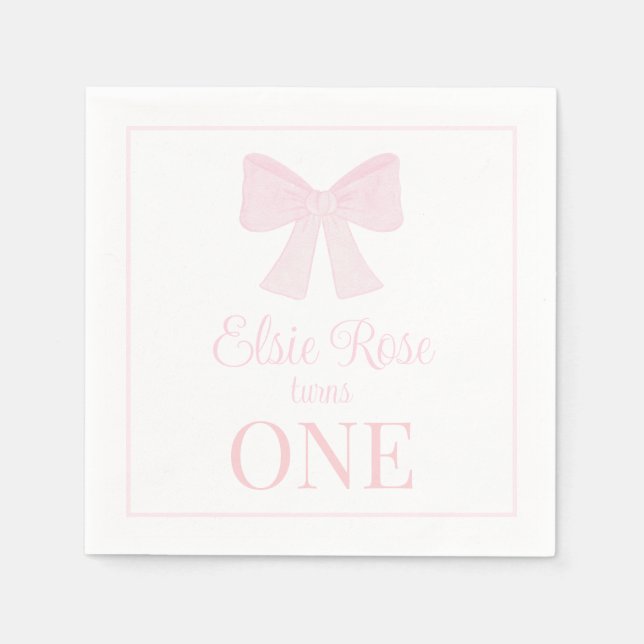 Preppy Pink Bow Grandmillennial First Birthday Napkin (Front)
