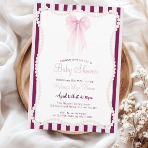 Preppy pink bow pearls grandmillenial baby shower invitation