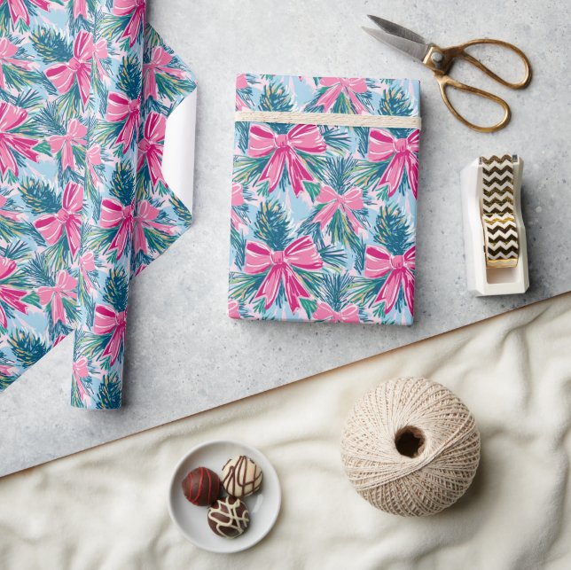 Preppy Pink Bows and Garland Christmas Wrapping Paper (Crafts)