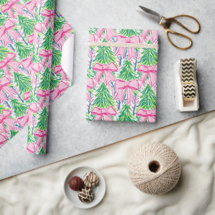 Preppy Pink Bows and Garland Christmas Wrapping Paper