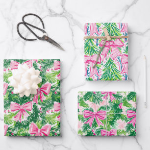 Preppy Pink Bows and Garland Christmas Wrapping Paper Sheet