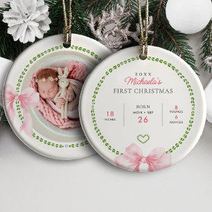 Preppy Pink Bows Baby's First Christmas Photo Ceramic Ornament
