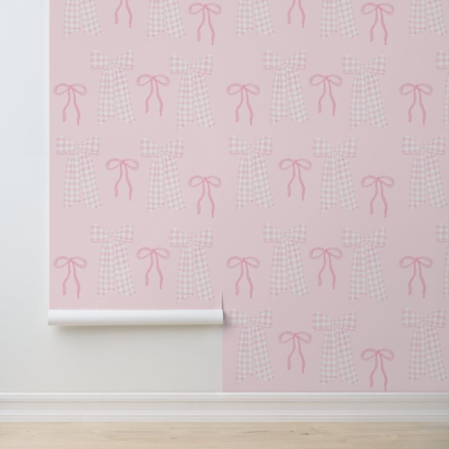 Preppy Pink Bows Coquette Pink Nursery Wallpaper (Application)