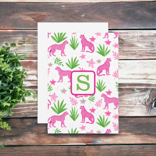 Preppy Pink Cheetah Monogram / Floral Greenery Thank You Card