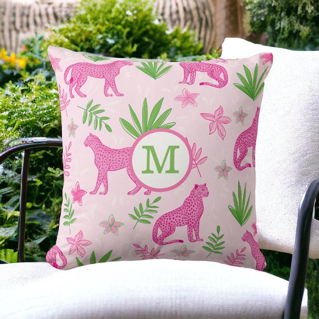 Preppy Pink Cheetah Monogram  Throw Pillow (Creator Uploaded)