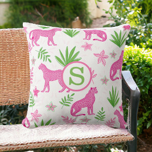 Preppy Pink Cheetah Monogram White Throw Pillow