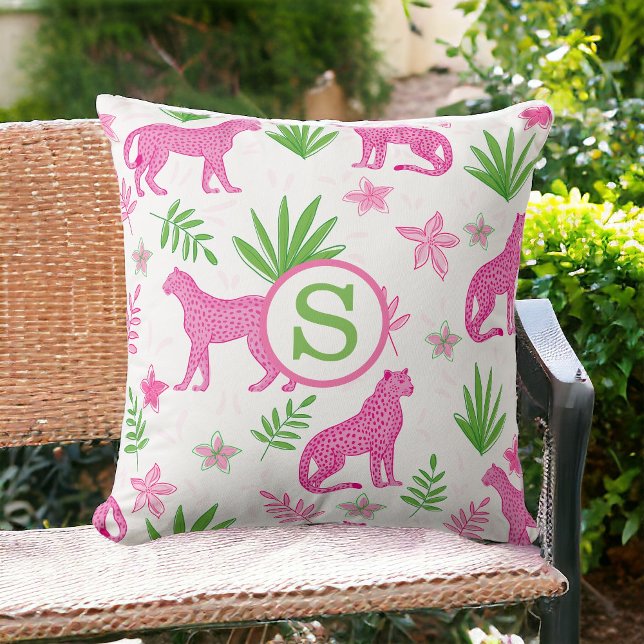 Preppy Pink Cheetah Monogram White Throw Pillow (Creator Uploaded)