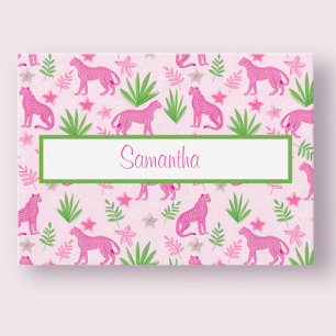 Preppy Pink Cheetah Script Personalized Card