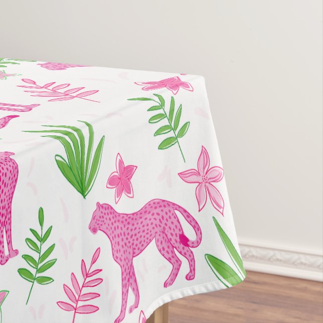 Preppy Pink Cheetah White Floral Background  Tablecloth (In Situ)