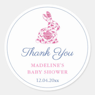 Preppy Pink Chinoiserie Bunny Baby Shower Favor Classic Round Sticker