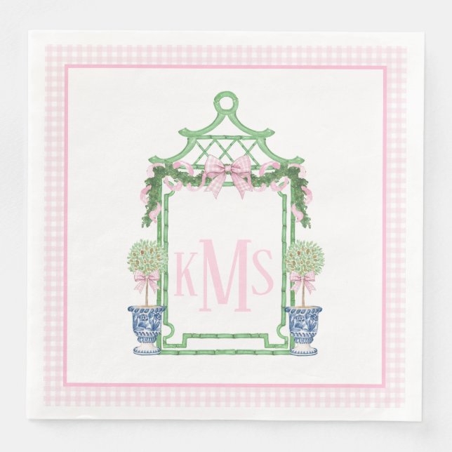Preppy Pink Chinoiserie Pagoda Monogram  Napkin (Front)