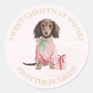 Preppy Pink Christmas Dachshund Sml Round Stickers