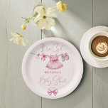Preppy pink clothes on a line baby shower custom paper plate<br><div class="desc">Preppy pink clothes on a line baby shower customized printed paper plates personalized baby shower table decor cute baby girl clothes on a line</div>