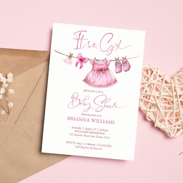 Preppy pink clothes on a line girls baby shower invitation (Preppy pink clothes on a line girls baby shower invitation)