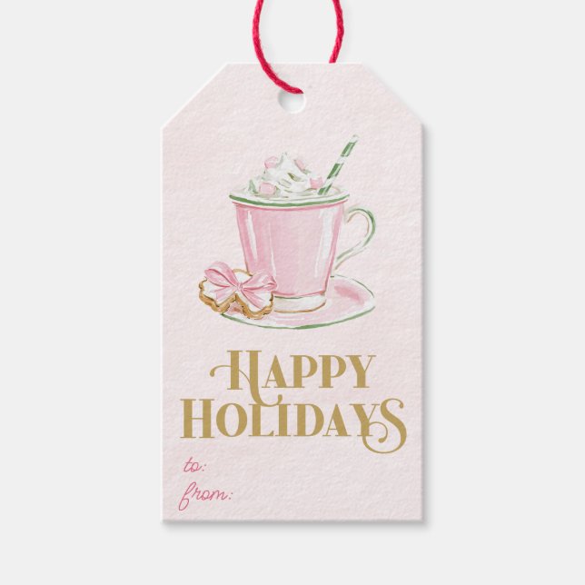 Preppy Pink Coffee Happy Holidays gift tag (Front)