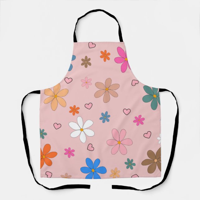 Preppy Pink Colourful Flower Heart Y2K Pattern Apron (Front)