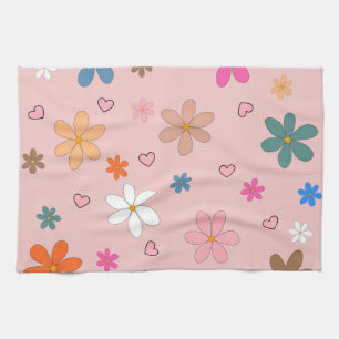 Preppy Pink Colourful Flower Heart Y2K Pattern Kitchen Towel