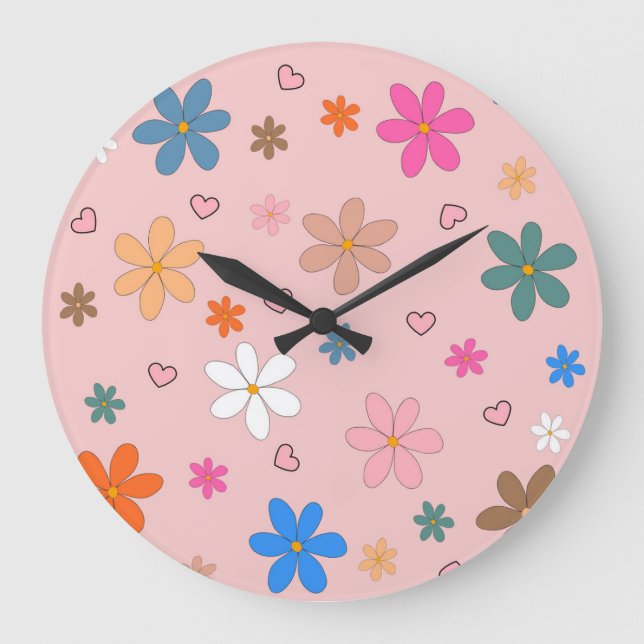 Preppy Pink Colourful Flower Heart Y2K Pattern Large Clock (Front)