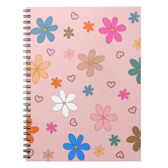 Preppy Pink Colourful Flower Heart Y2K Pattern Notebook (Front)