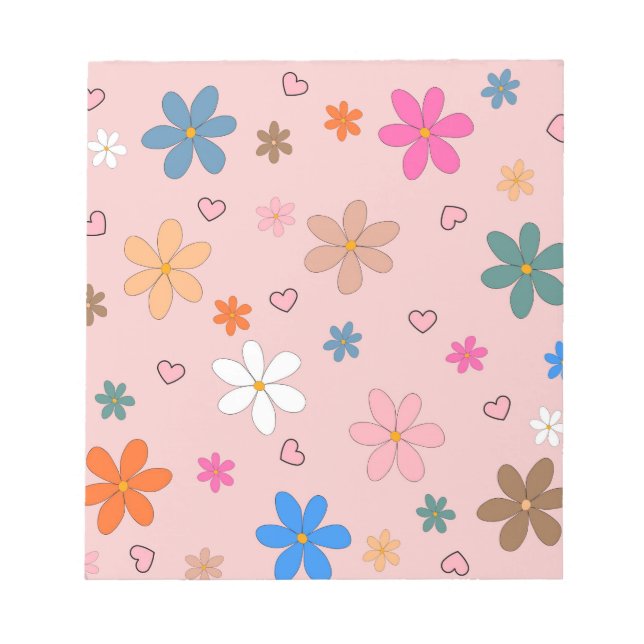 Preppy Pink Colourful Flower Heart Y2K Pattern Notepad (Front)