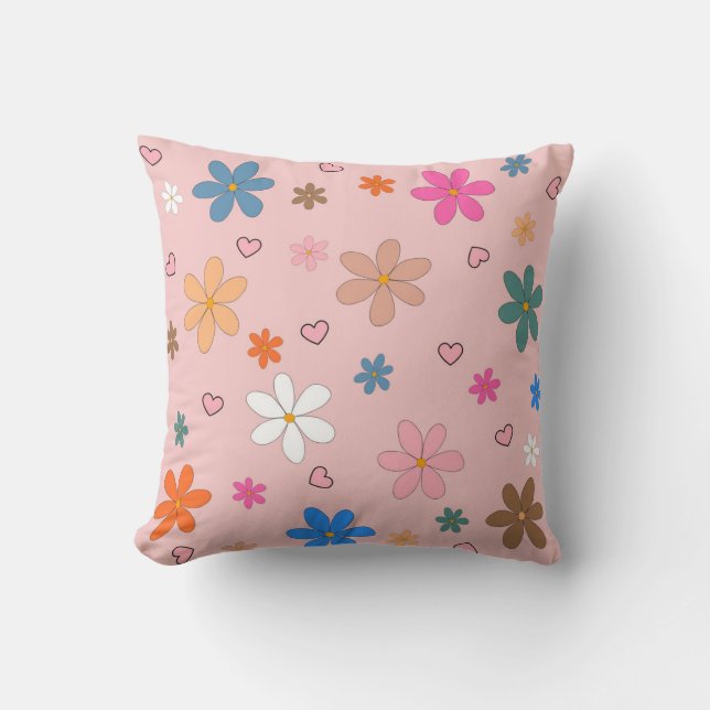 Preppy Pink Colourful Flower Heart Y2K Pattern Throw Pillow (Front)